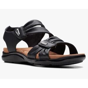 Women’s Clark’s Kitly Ave Flat Strappy Sandal Black Leather Size 11M Boho